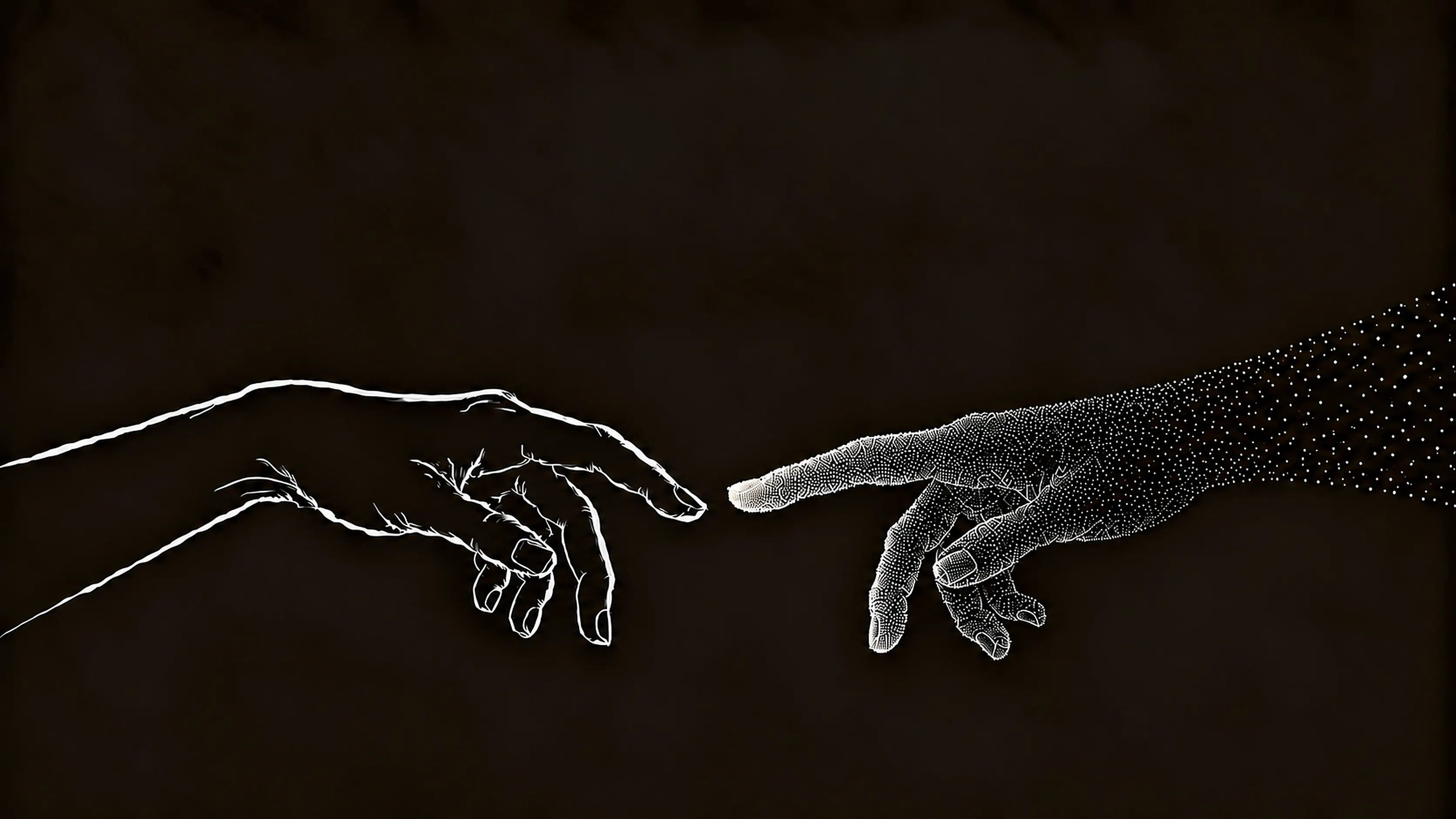 A human hand nearly touching a digital hand whose triangular outlines gradually fade toward its fingertips.